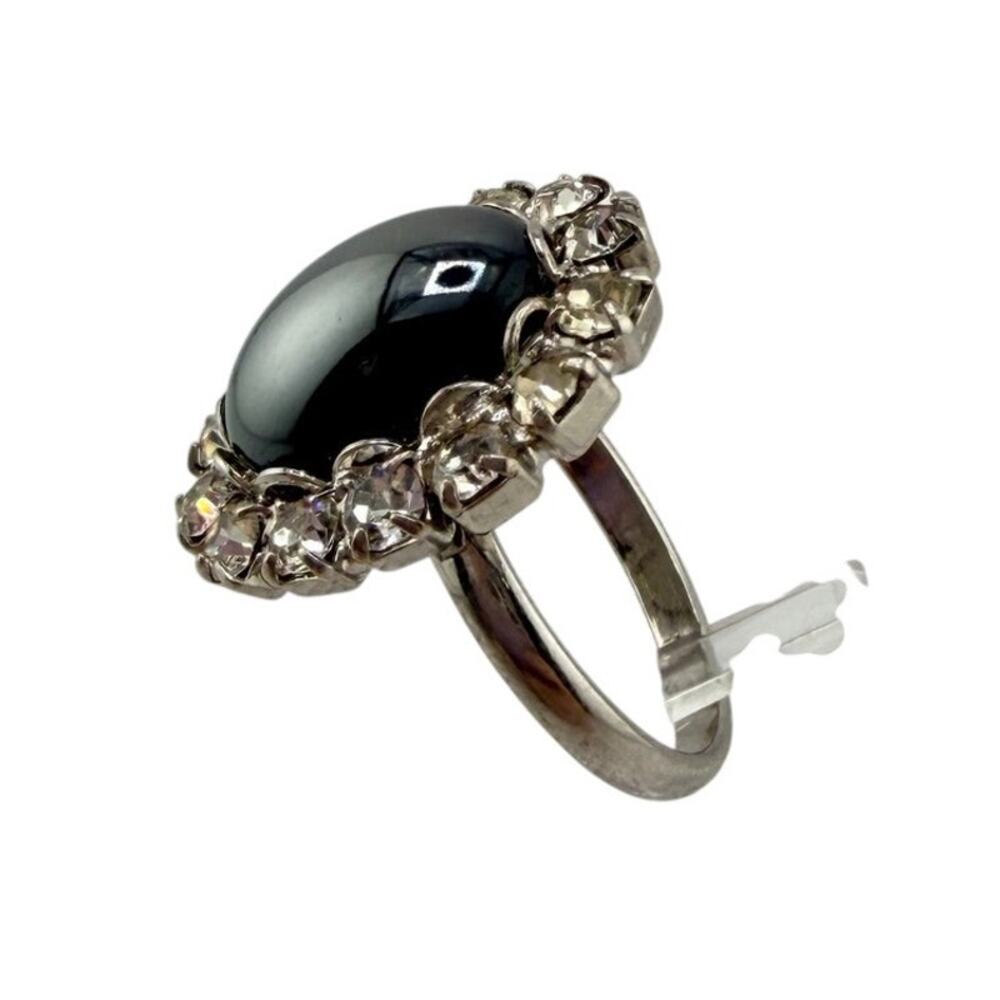 1950 1960s Retro Faux Hematite Rhinestone Halo Silver Tone Vintage Cocktail Ring